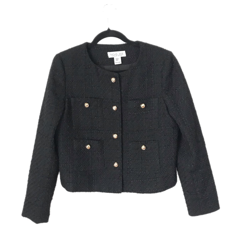 Rachel Zoe Tweed Blazer Women's Medium Black Gold Buttons Cropped Jacket Coat